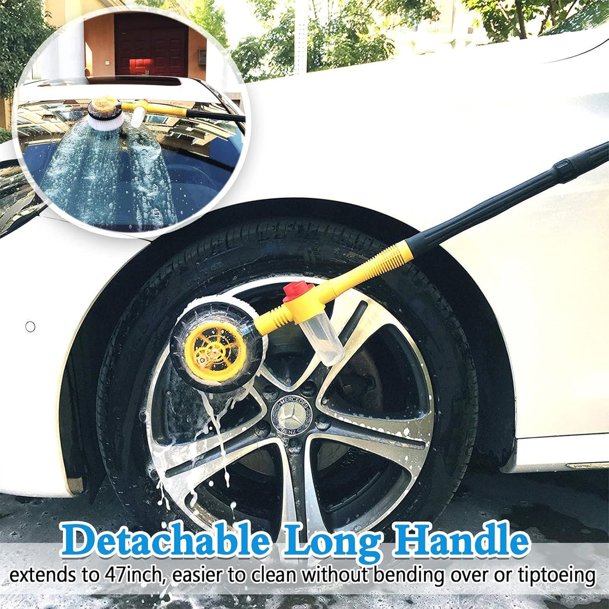 Brosse de Lavage Rotative Pour Voiture avec Distributeur de Savon et Tuyau D'attache